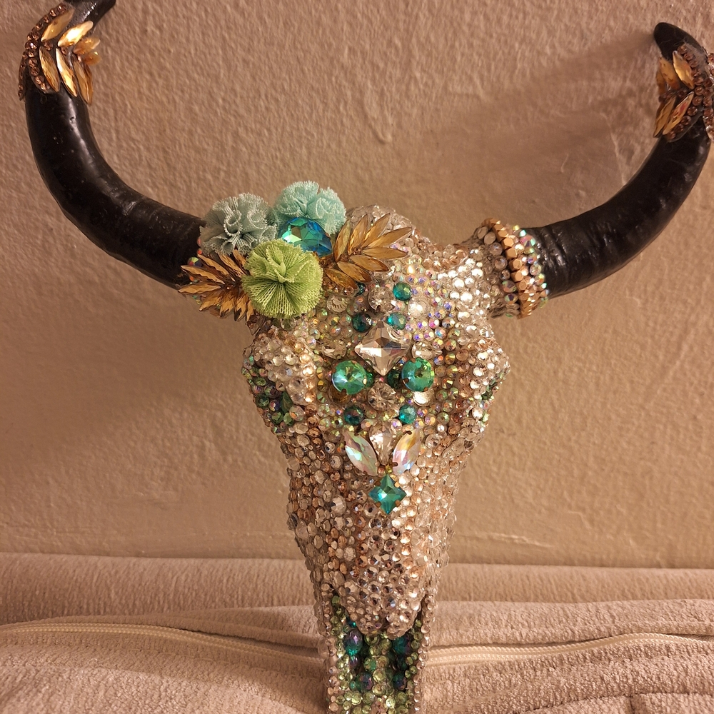 Decorative Bejeweled Bull Skull with Green Accents